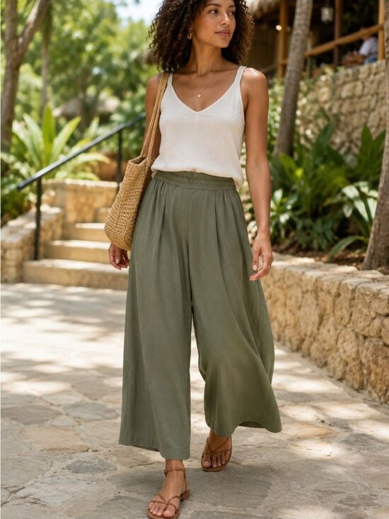 J. Jill Pants - J.Jill Tencel Wide Leg Pants Sage Green M Petite Boho Casual Summer Resortwear